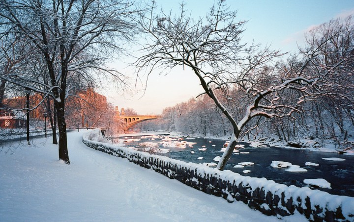 Snow covers the Brandywine River Wilmington Delaware