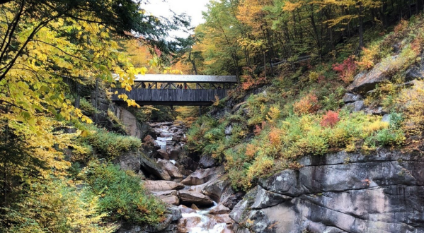 A Wooden Bridge And Waterfall Are Just Part Of What Makes The 1-Mile Whitehouse Trail In New Hampshire Unbeatable