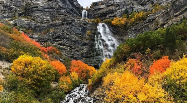 Bridal Veil Falls In Utah Is Surrounded By Beautiful Fall Colors