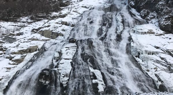 Hike To See The Frozen Beauty Of Nugget Falls, One Of Alaska’s Largest Waterfalls