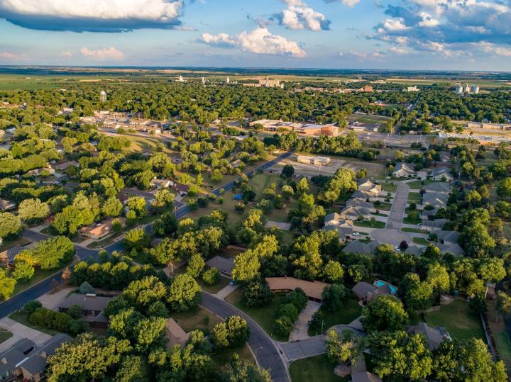 Aerial view of Abilene in the spring or summertime.