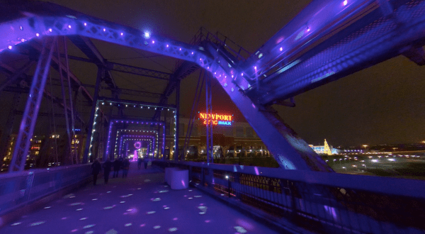 Stroll Across An Illuminated Bridge And River Walk At Winter Nights, River Lights In Kentucky
