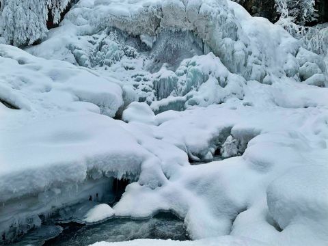 Travel Through A Winter Wonderland To Get To A Frozen Waterfall On The South Fork Falls Trail In Alaska