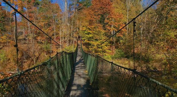 Walk Across A Suspension Bridge On Keystone College Trail In Pennsylvania