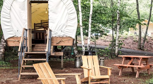 Stay The Night In An Old-Fashioned Covered Wagon At Sandy Pines Campground In Maine