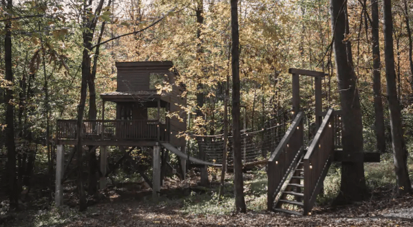 Feel Like A Kid Again When You Stay At The Trailside Village, A Treehouse Airbnb In Ohio With Its Own Swinging Bridge