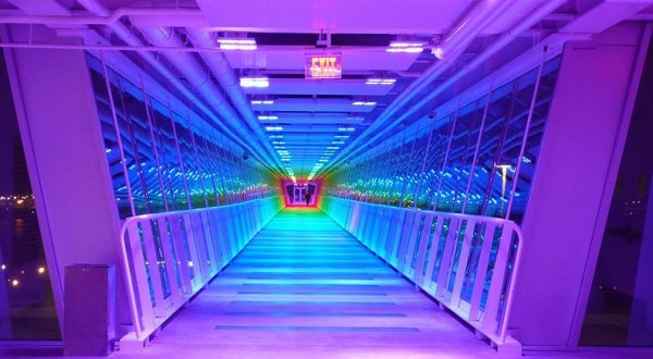 A Neon-Lit Pedestrian Bridge With A View, Iowa’s Davenport Skybridge Offers A Walk To Remember