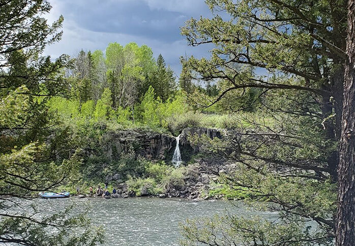Distant view of Rosie's Waterfall in Idaho