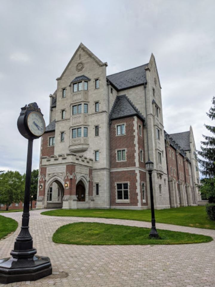 Exterior of a gothic architecture building at Elmira College in New York. Elmira is said to be one of New York's most haunted small towns with many ghost stories taking place at Elmira College.