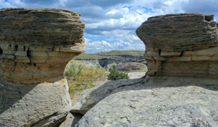 Close up view of rock formations in Rock City, near Valier, Montana. Thick layers of rock show off the area's geology.