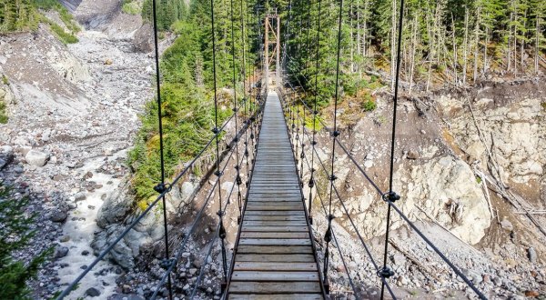 Walk Across A 200-Foot Suspension Bridge On The Tahoma Creek Trail In Washington