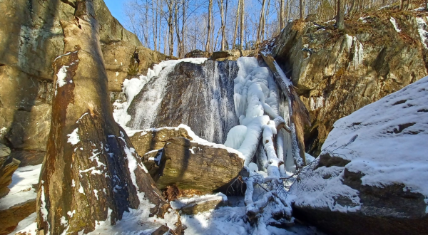 Marvel Over A Frozen Waterfall And Snow-Frosted Rock Formations On This Winter Hike In Maryland