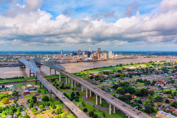 The city skyline of New Orleans, Louisiana, and surrounding metropolitan area along the banks of the Mississippi River shot from an altitude of about 1000 feet during a helicopter photo flight.