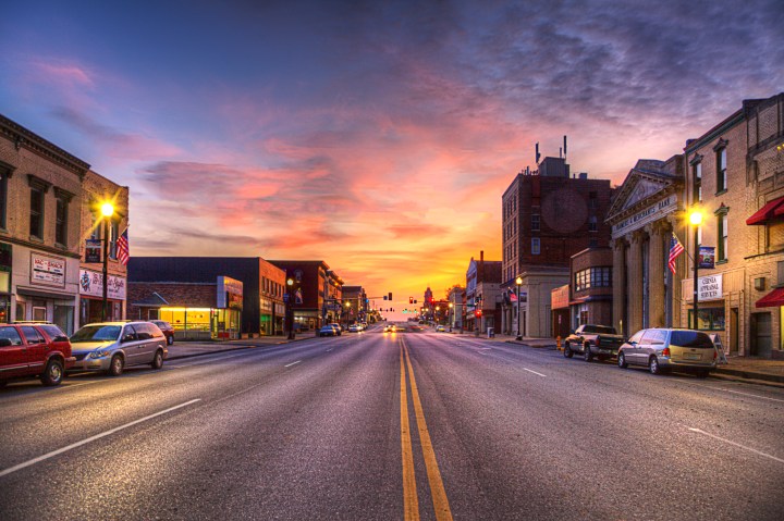 Hannibal Missouri Marion County Photo taken on November 6, 2019 Great River Road Series A view of Broadway street from Main looking west at dusk with a beautiful sunset on the horizon.