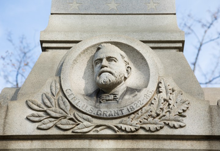 A bust of General Ulysses S Grant carved on the war memorial in Galena, Illinois where Grant lived before and after the Civil War until his election as the 18th president of the USA.