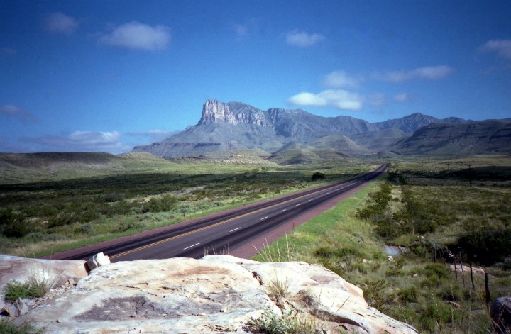 Texas Highway 62 leading to El Capitan with Guadalupe Mountain in the background