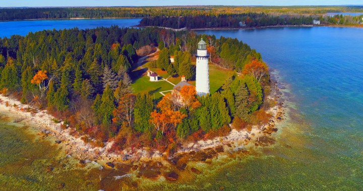 Scenic Cana Island Lighthouse, Door County, Wisconsin, aerial flyby.