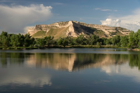Scotts Bluff National Monument is located in western Nebraska. North end of Scotts Bluff National Monument next to the North Platte River.