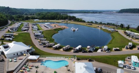 The Most Epic Resort Campground In Wisconsin Is An Outdoor Playground With A Private Beach, Tiki Bar, And Mississippi Views