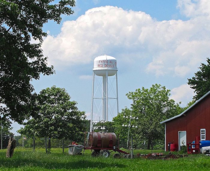 A water tower stands in place where there were once alleged UFO sightings in Fyffe, Alabama