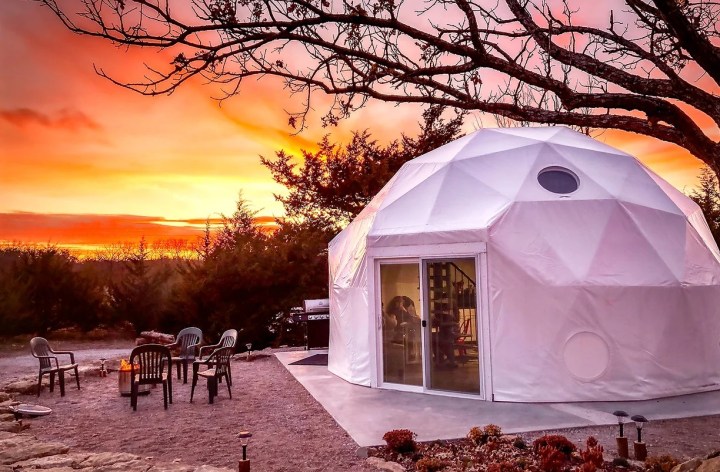 Glamping dome at sunset