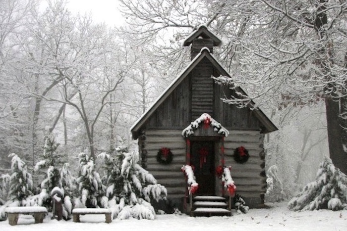 Snow on the chapel decorated for LaGrange Historic Site's Christmas in the Country event, where guests can experience a pioneer Christmas in Alabama.