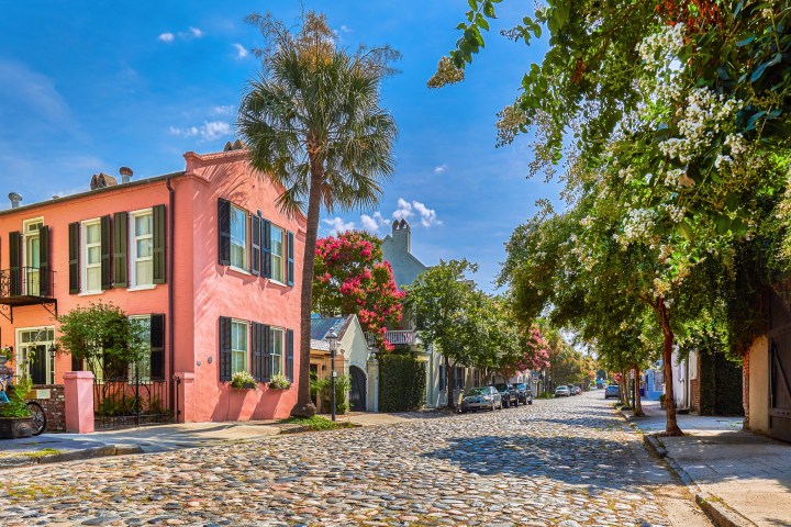 Cobblestoned Chalmers Street and historic buildings in Charleston, South Carolina,USA