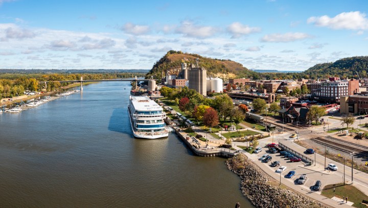 Aerial view of Red Wing Minnesota with river cruise boat in harbor